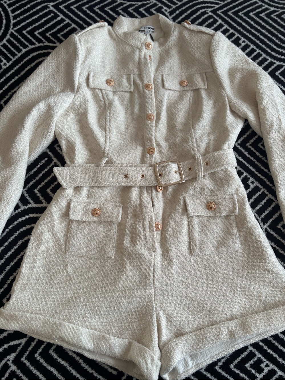 Cream Textured Belted Utility Romper Jacket